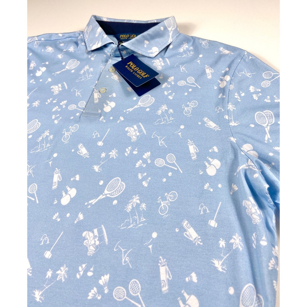 Polo Golf Ralph Lauren Shirt Blue Large With Bicycles Rackets Palm Trees Preppy - Picture 5 of 12